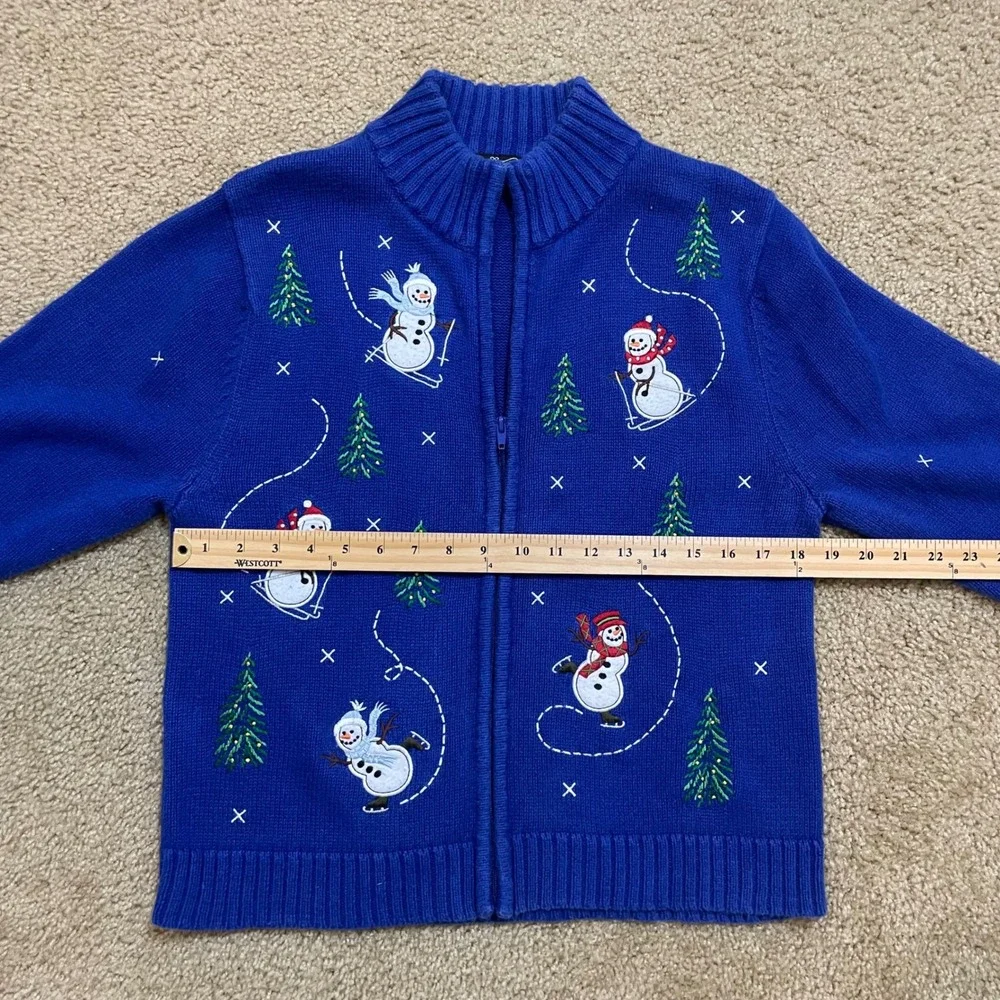 Crystal Kobe Women's M Blue Snowman Christmas Zip Up Sweater Jacket  Embroidered